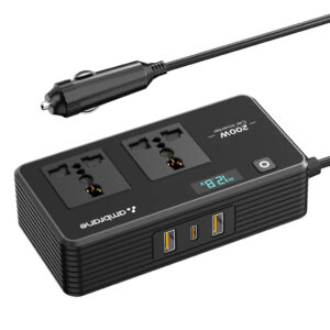 Ambrane 200W Car Power Inverter/Laptop Charger, Charge 5 Devices, 1 Type C 33W PD, 2 USB 22.5W QC, 2 AC Universal Outlets, Safe Charging Technology, For All 12V DC Socket Cars